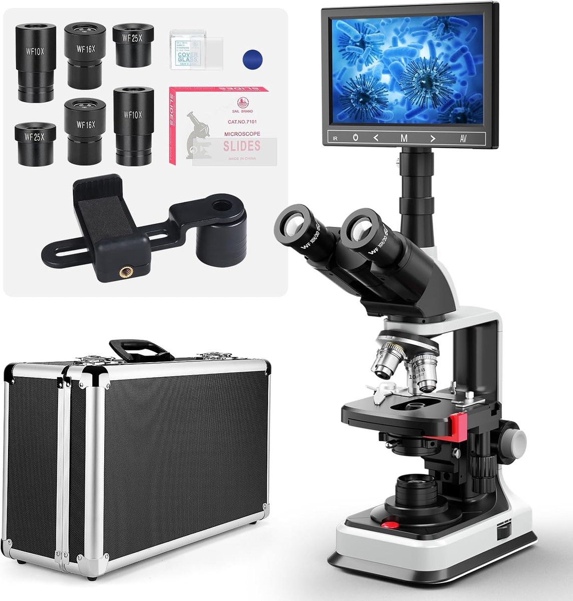 [Dubbele voeding] Vabiooth Lab Compound Trinoculaire microscopen 40X-2500X vergroting met 7 inch LCD-vervangbaar splitscherm 5MP E-oculair, tweelaags mechanisch podium, 20 mm ultragroothoekoculairs