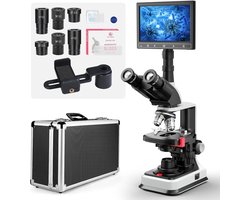 (Dubbele voeding) Vabiooth Lab Compound Trinoculaire microscopen 40X-2500X vergroting met 7 inch LCD-vervangbaar splitscherm 5MP E-oculair, tweelaags mechanisch podium, 20 mm ultragroothoekoculairs