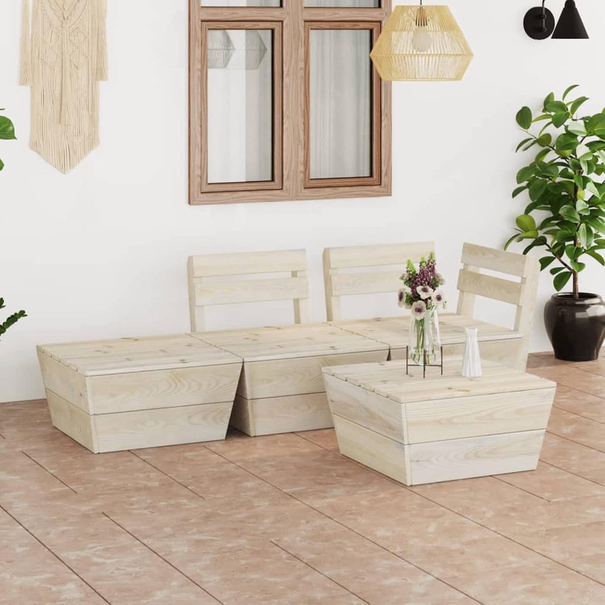 Tuinbankset op pallet, 4-delig, van geïmpregneerd sparrenhout, set voor de tuin, loungeset voor buiten, buitenbanken, tuinmeubelen (SPU: 3063712)
