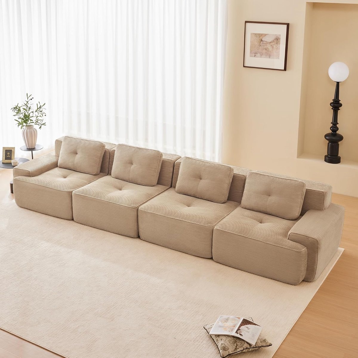Bank, 4-zits, premium pluche bank zonder montage, zacht, zeer elastisch schuim voor woonkamer, lage bank, beige, 4-zits (beige, 4 S)