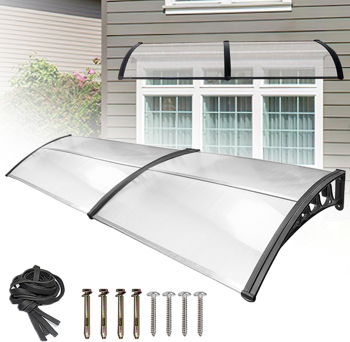 Voordeur, 300 x 100 cm, transparante PC voordeur luifel met aluminium frame, overkapping balkon met uv-bescherming, regenbescherming voor ingang, balkon, raam, terras