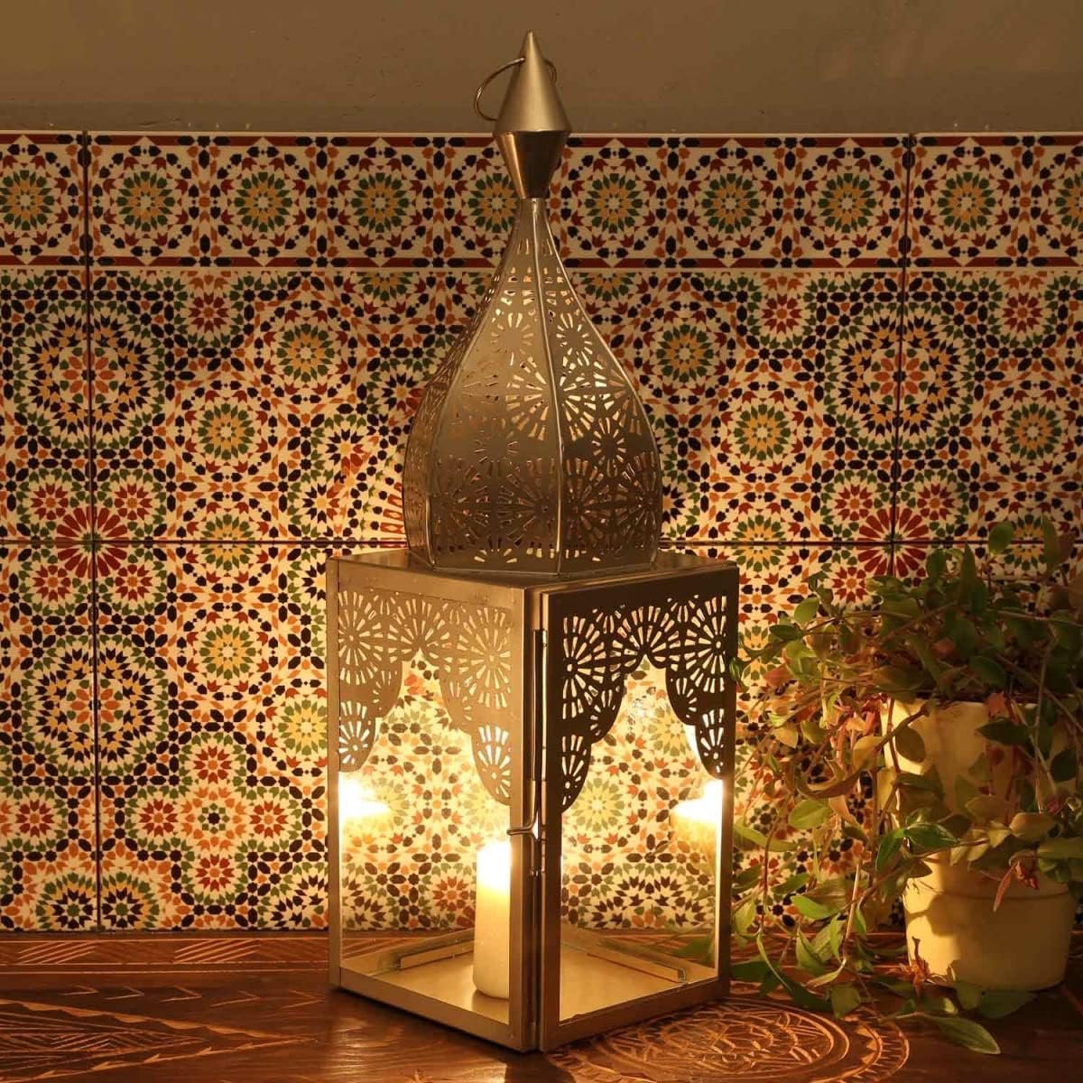 Moro Oosters windlicht Modena zilver L van glas & metaal hoogte 60 cm minaretten vorm | Marokkaanse glazen lantaarn kandelaar als uit 1001 nacht | mooie kerstverlichting | IRL660