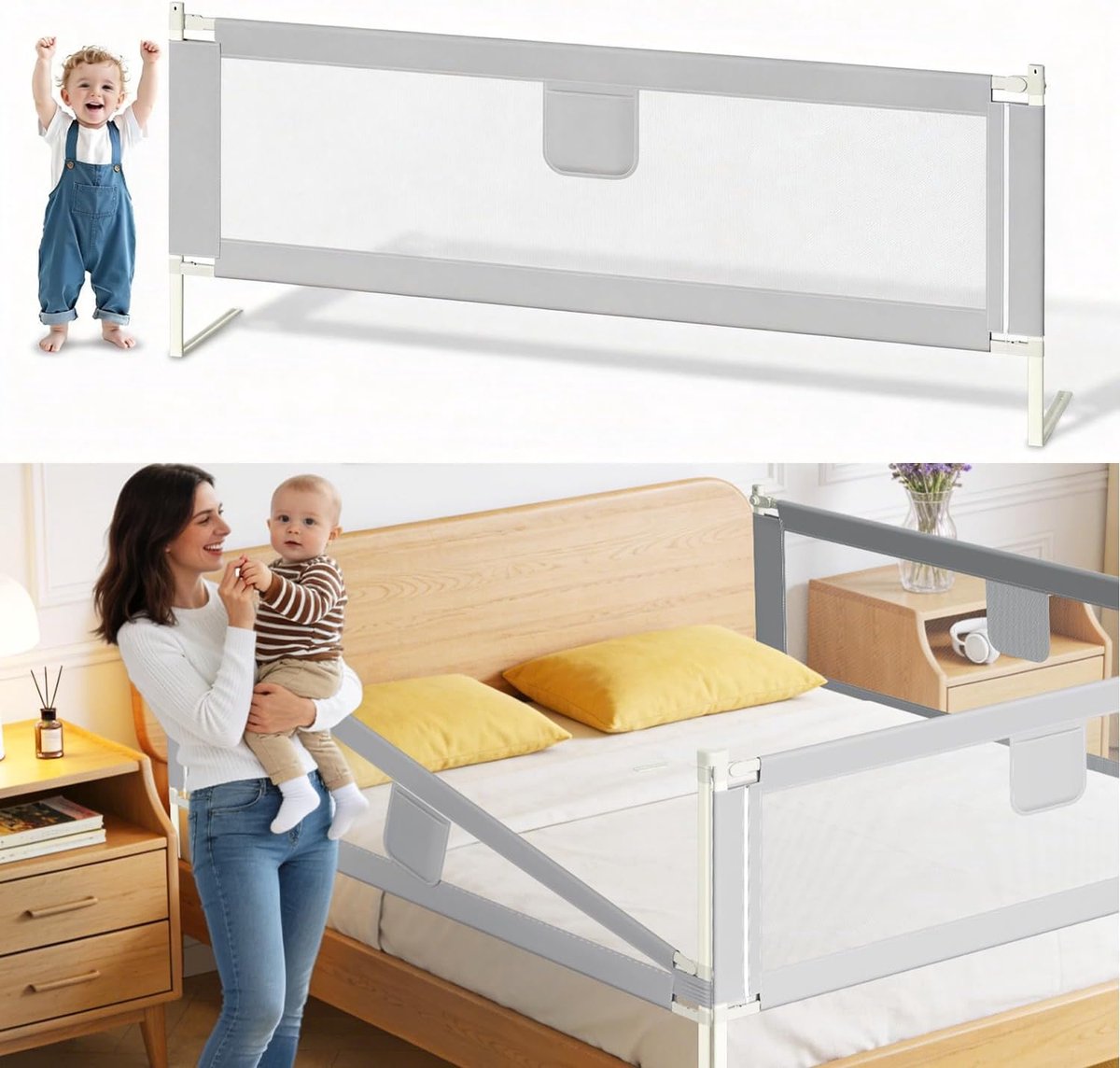 Bedhekje van 180 cm, uitvalbeveiliging, bed, in hoogte verstelbaar, 64-96 cm, bedbeschermingshek, kinderbedhek met luchtig net, voor kinderen en ouderbedden, grijs, 2 stuks
