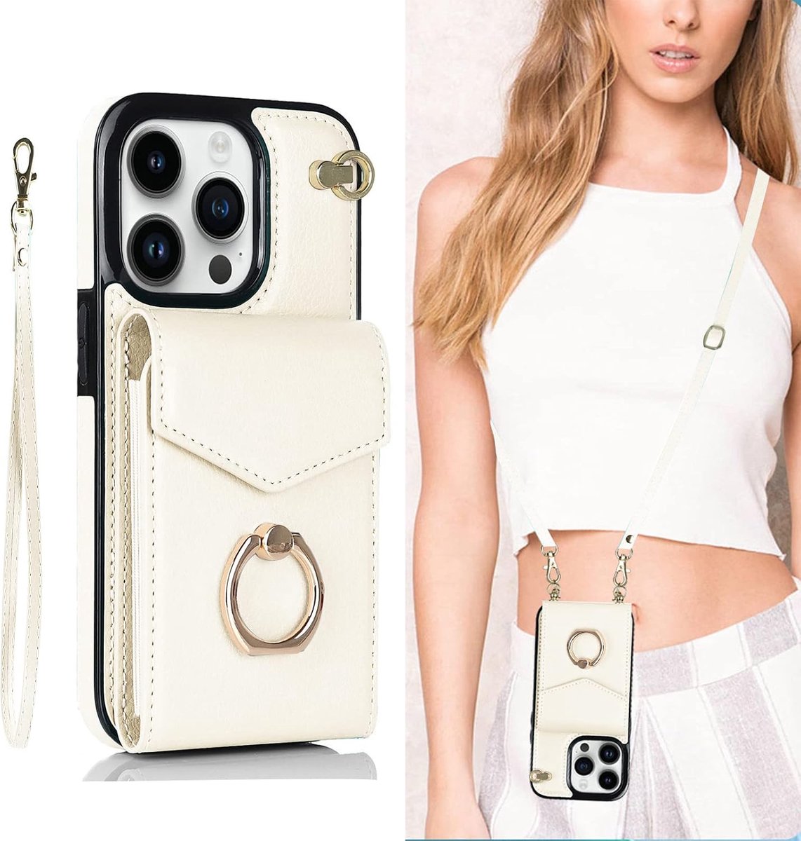 Telefoonhoes met koord voor Apple iPhone 11, portemonnee, hoes van PU-leer, met kaartenvak, portemonnee met 360° ringstandaard en draaglus, klaphoes, magneetsluiting, wit