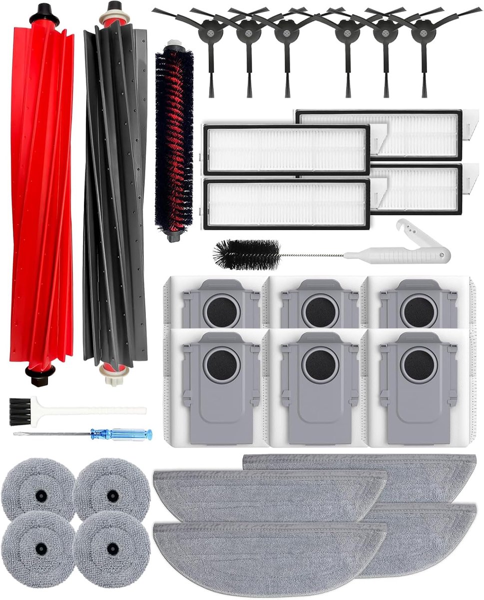 30-delig Accessoireset voor Roborock S8 MaxV Ultra/S8 Max Ultra Robotstofzuiger Helder, 2 Hoofdborstels, 4+4 Dweildoeken, 4 HEPA-filters, 6 Actief Koolstof Stofzakken, 6 Zijborstels