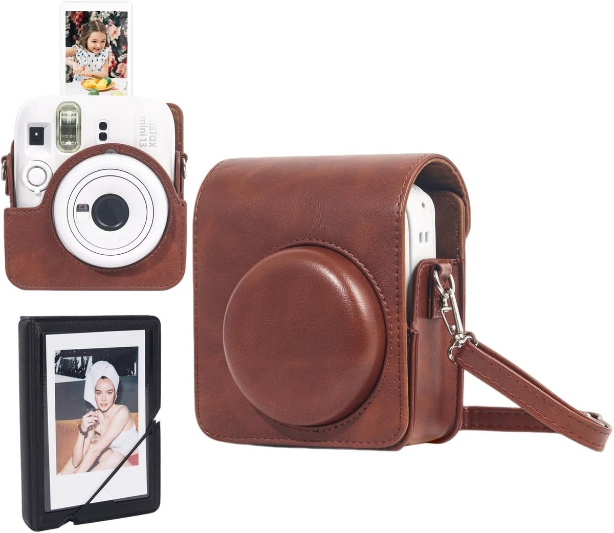 Camera Case & 28-Pocket Fotoalbum voor Instax Mini 13/12, PU Lederen Beschermende Draagtas met Schouderriem & Foto Pocket, Bruin & Zwart, Compact