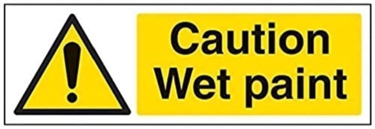 Signs 67077AX-S "Voorzichtigheid Natte Verf" Waarschuwing Bouwbord, Zelfklevend, Landschap, 300 mm x 100 mm, Zwart/Geel