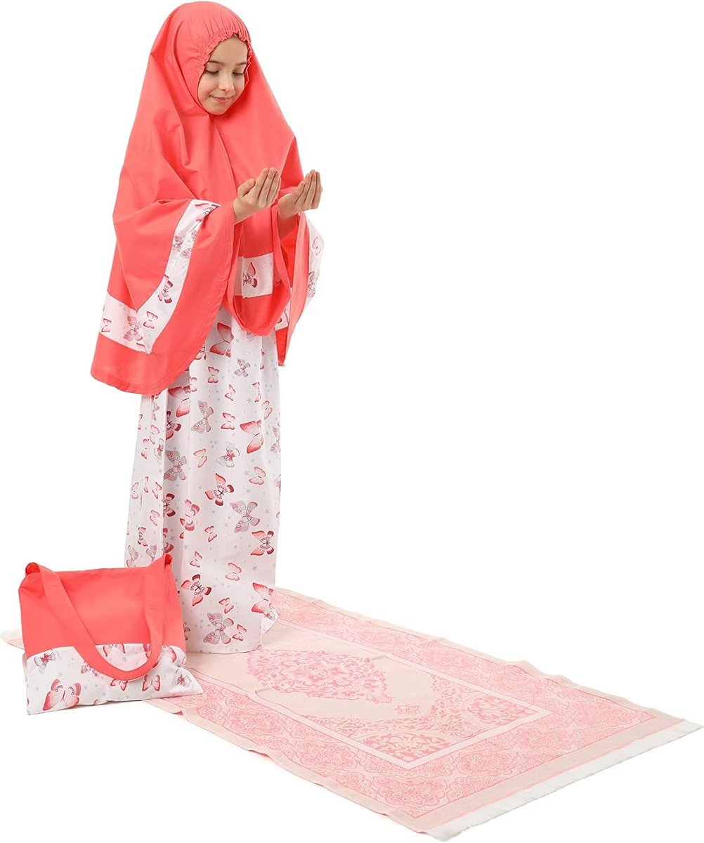 Gebed kleding kinderen islamitische kleding 4-delige set gebed kleding rok jurk met een hoofddoek, gebed mat, tas en een rozenkrans cadeau vlinder gedrukt