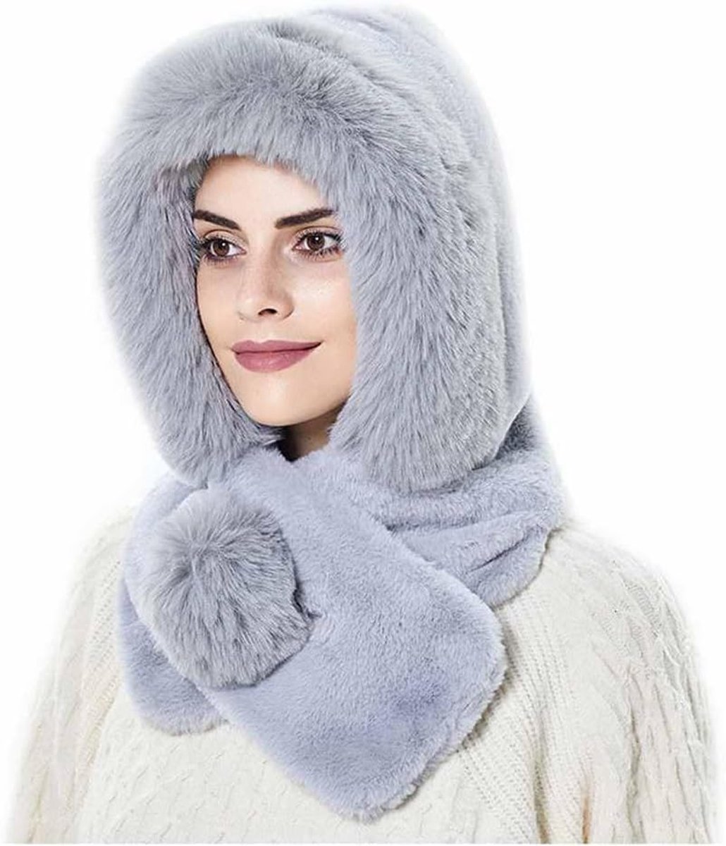 capuchonsjaal, 2-in-1 wintermuts, sjaal, set bontmuts en loopsjaal met pluche ballen, winddichte oorkleppen met oorsjaal, thermische sjaalmuts voor dames, fietsen, skiën