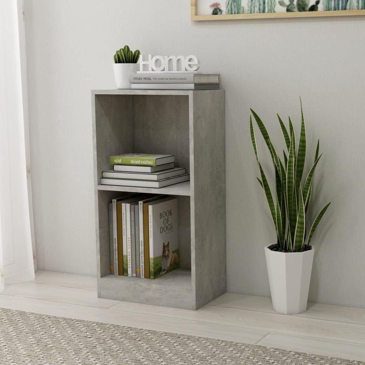 Boekenkast, betongrijs, 40 × 24 × 75 cm, spaanplaat, opslag DVD + CD-plank, slaapkamer, decoratieve boekenkast, vrijstaand rek