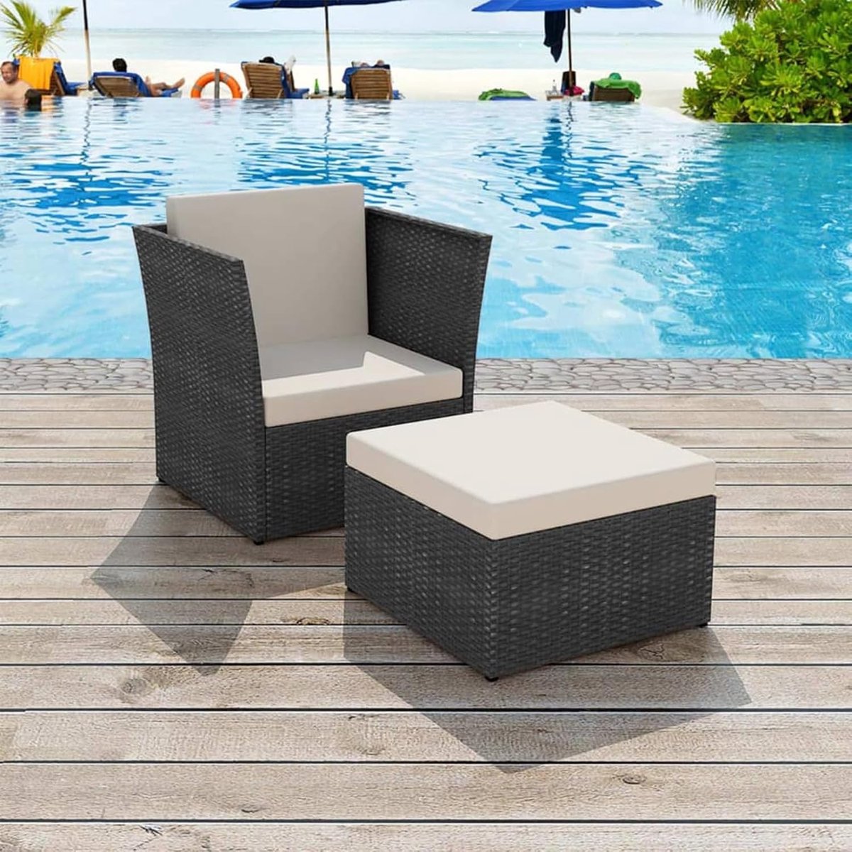 Tuinstoel met voetenbank, tuinstoel, stoel, stoel, tuinmeubelen, rotan stoel, loungestoel, tuinbank, balkonstoelen, tuinstoel, polyrotan, zwart