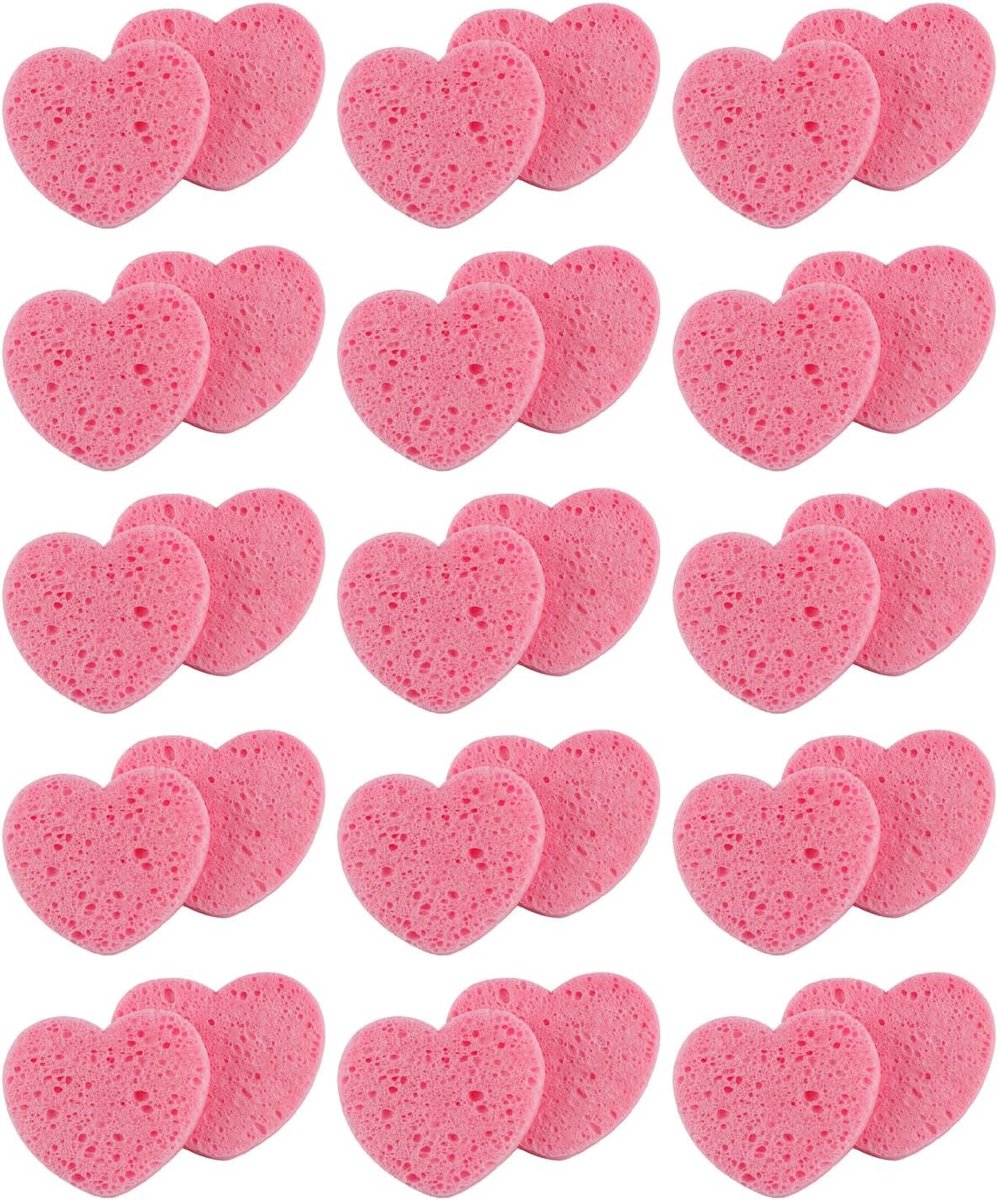 30 stuks gecomprimeerde gezichtsspons, hartvormige gezichtsreinigingswattenpads, gezichtsreinigingsdoekjes, reinigingskwasten, herbruikbare gezichtsspons (roze)