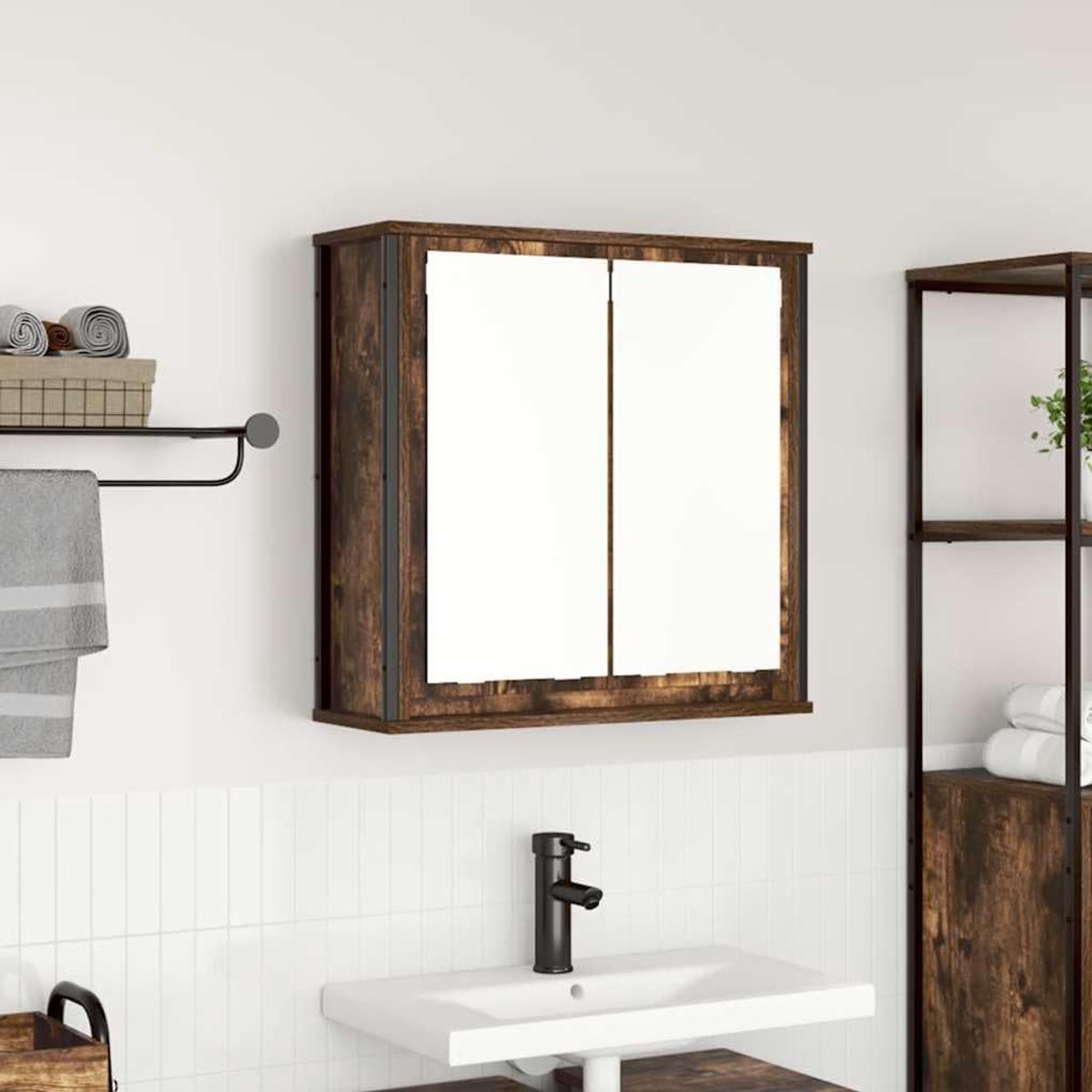 Wandkast met spiegel rookeiken 60x21x60 cm houtmateriaal