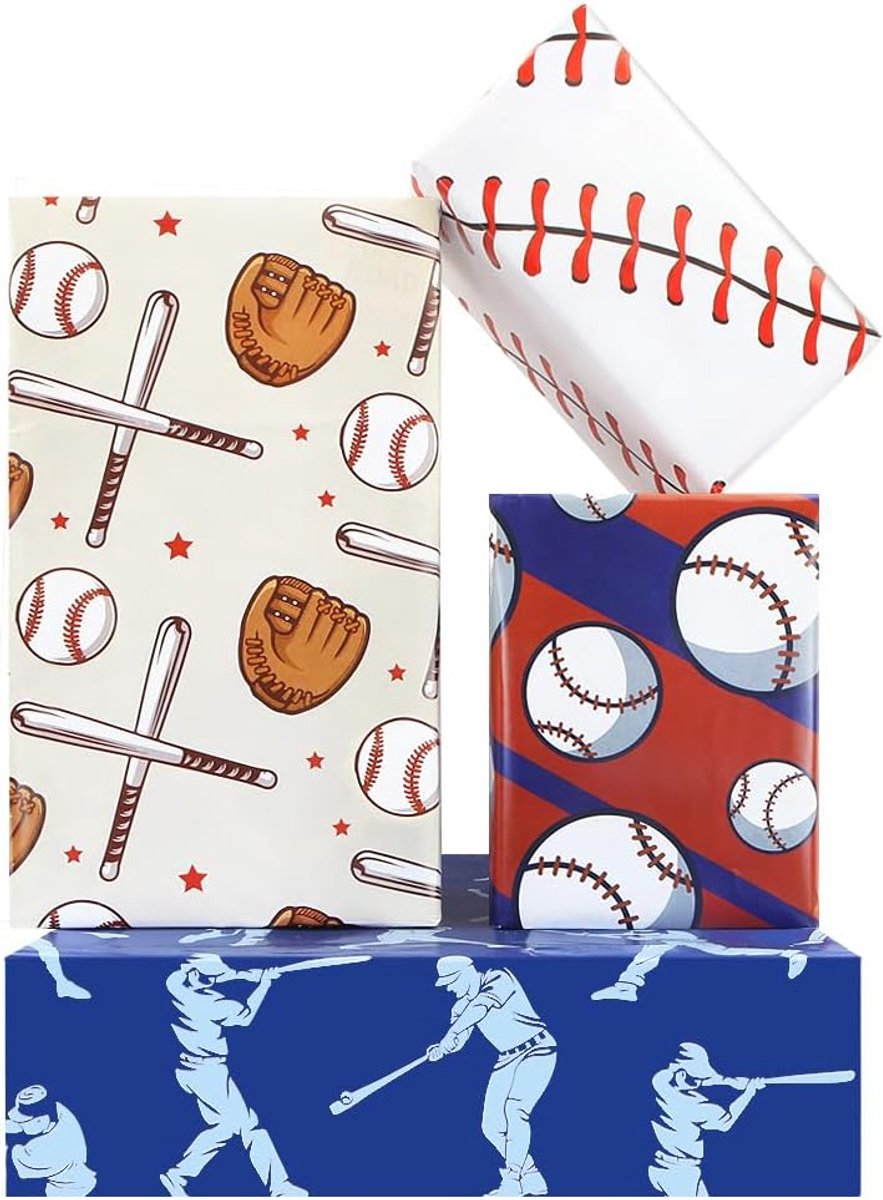 Inpakpapier voor Jongens Meisjes Kinderen, 8 Vellen Honkbal Sport Gift Wrap Honkbal Thema Inpakpapier 50x70cm per vel, voor Honkbal Verjaardagsfeest Baby Shower Vakantie
