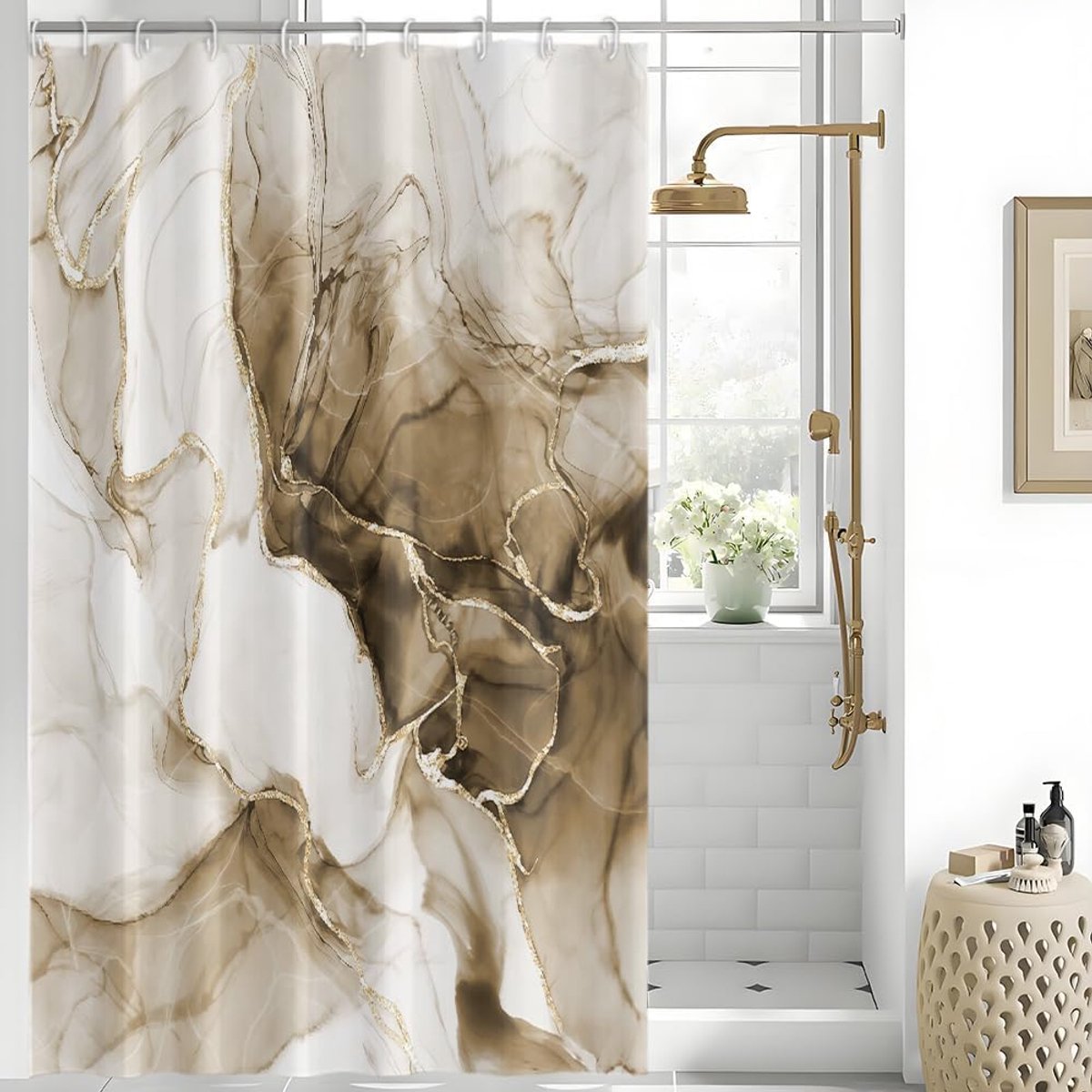 Douchegordijn, 150 x 180 cm, schimmelwerend, bruin, marmerlook, kaki, gemarmerd, moderne douchegordijnen, waterdichte stof, wasbaar, polyester, badgordijn met 10 haken, voor badkamer