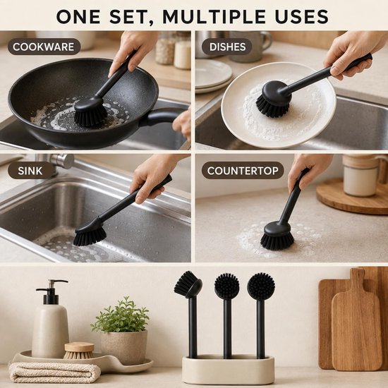 3 stuks afwasborstel met ergonomische handgreep, platte borstel — afbeelding 5