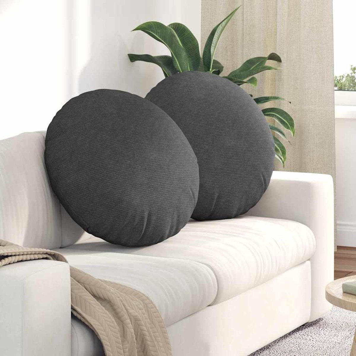 Kussens, donkergrijs, diameter 80 cm, corduroy met ritssluiting, fluweelachtig oppervlak en polypropyleen basis, voor woonkamer, eetkamer en thuiskantoor