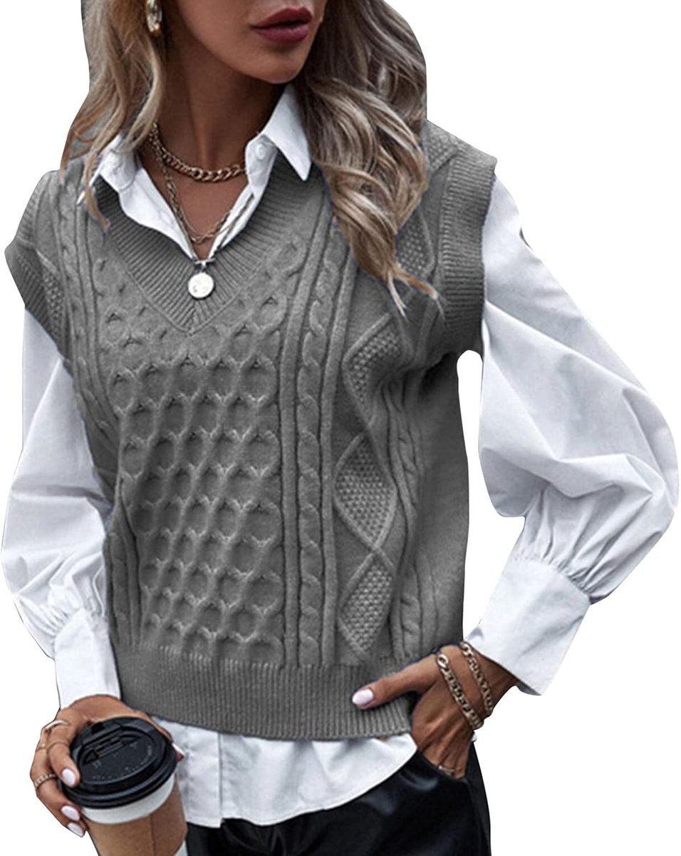 Gebreid vest voor dames, college-stijl, mouwloos, retro-vest met V-hals