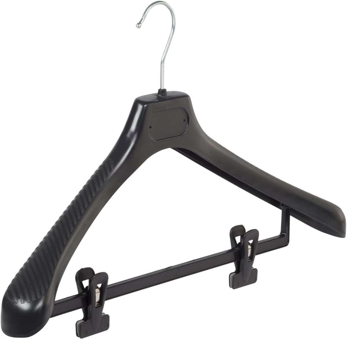 Kleerhanger, Mantelhanger, Kostuumhanger, Jassenhanger, set van 10 Stuks, Kunststof, Zwart, Broeklat met Knijpers, Brede schouders, 360° Draaibare Haak, 48 cm (LS48/BC_00/10)