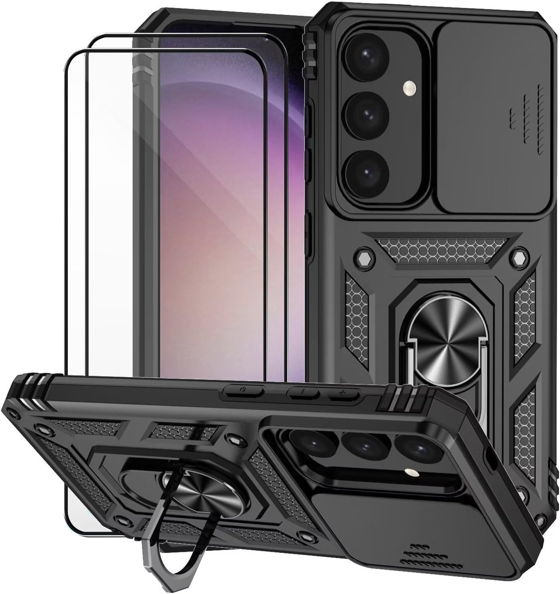 voor Samsung Galaxy S24 Case Slide Camera Cover met Gehard Glas Screen Protector met Ring Houder Schokbestendige PC Siliconen Heavy Duty Beschermhoes cover-zwart