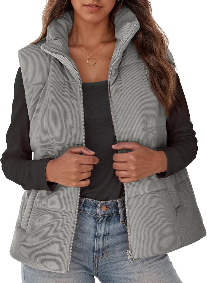 - Damesjas, mouwloos, corduroy, ritssluiting, met zakken, casual vest voor herfst en winter, S-XXL