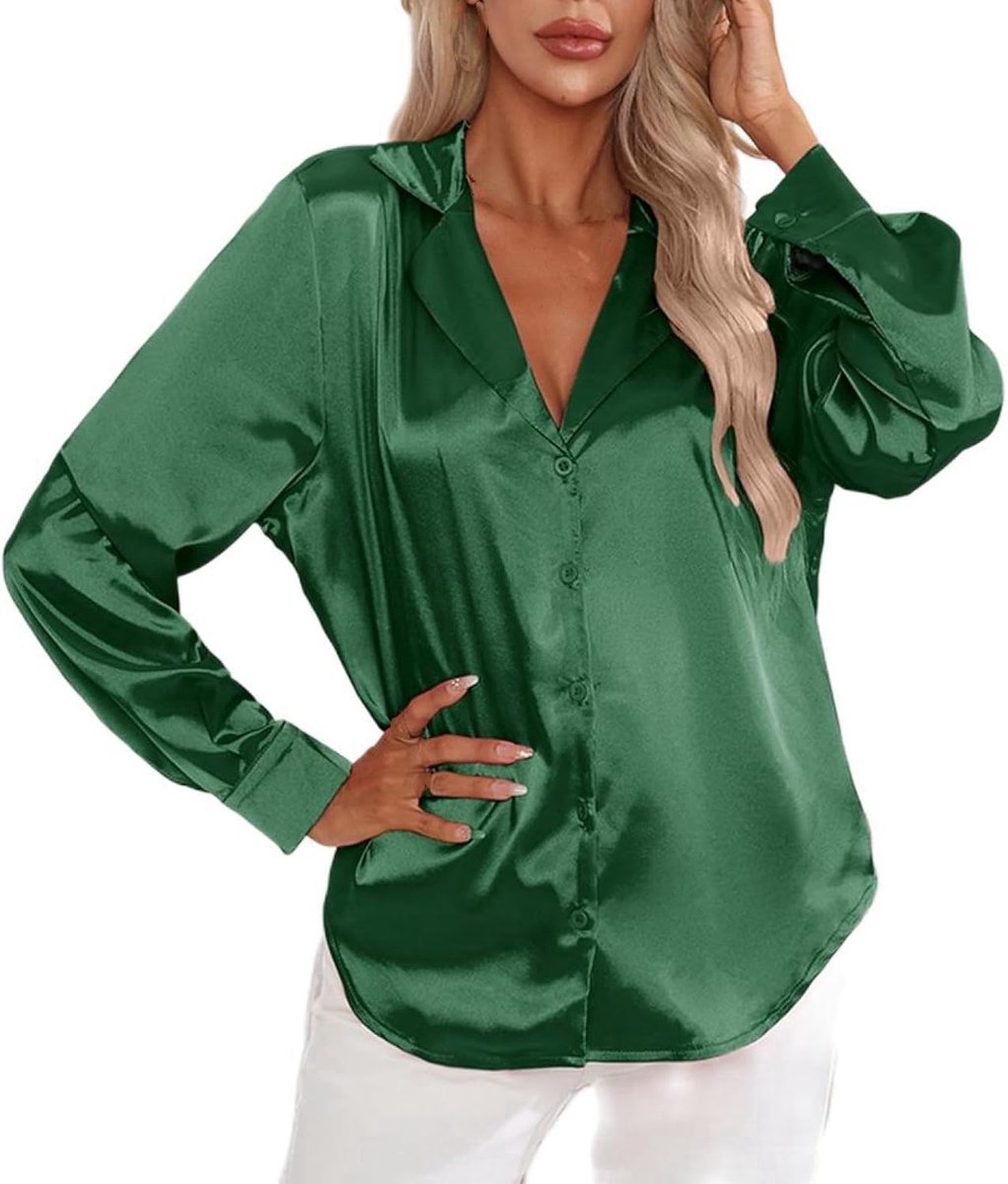 Vrijetijdsoverhemden - Dames Satijn Shirt Met Lange Mouwen Lente Zomer Donkergroen Modieus Enkele Rij Knopen Tuniek Top Revers Ruimvallend Elegant Kantoor Zakelijk Feest Dames Street Chic,Dar