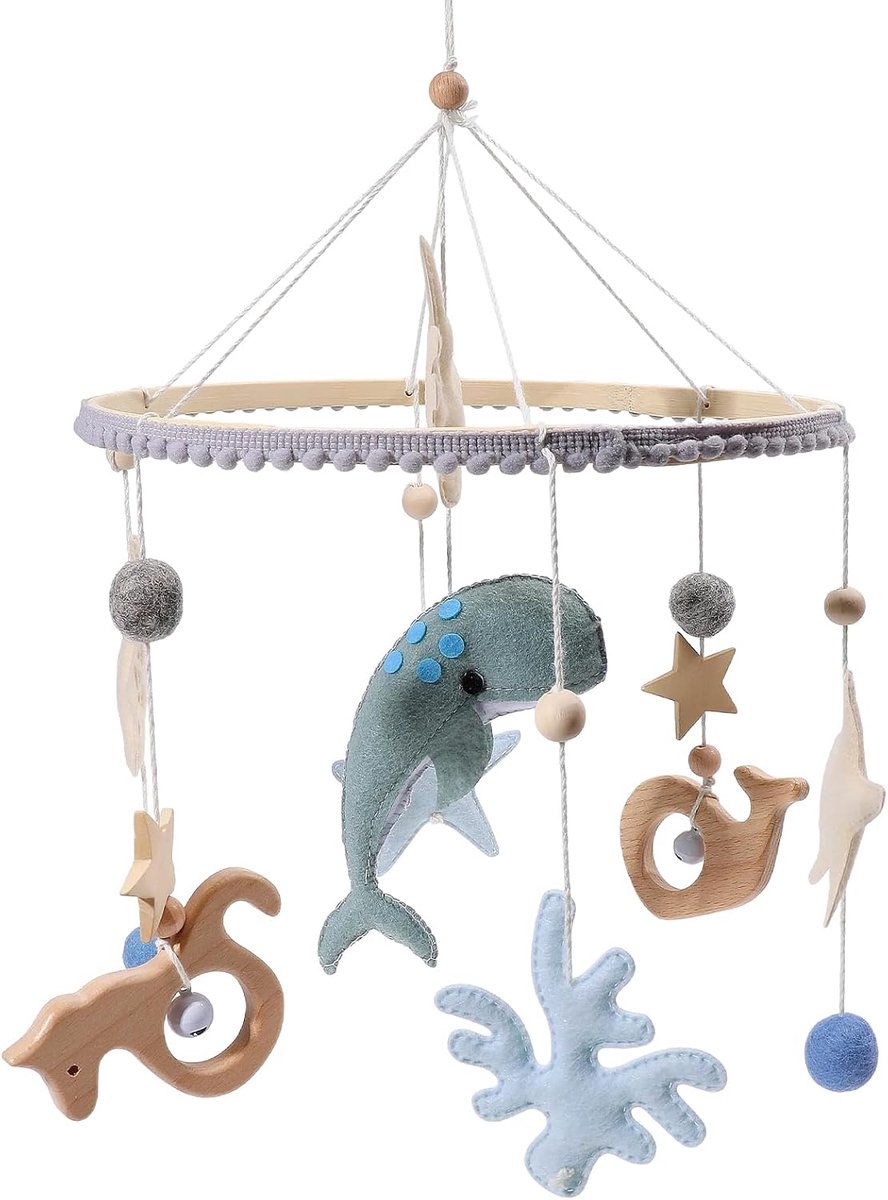 Mobiel met walvis zeestermotief, hangende babybedhanger van hout en vilt in de vorm van een zeedier, neutrale onderwaterthema's, kinderkamerdecoratie