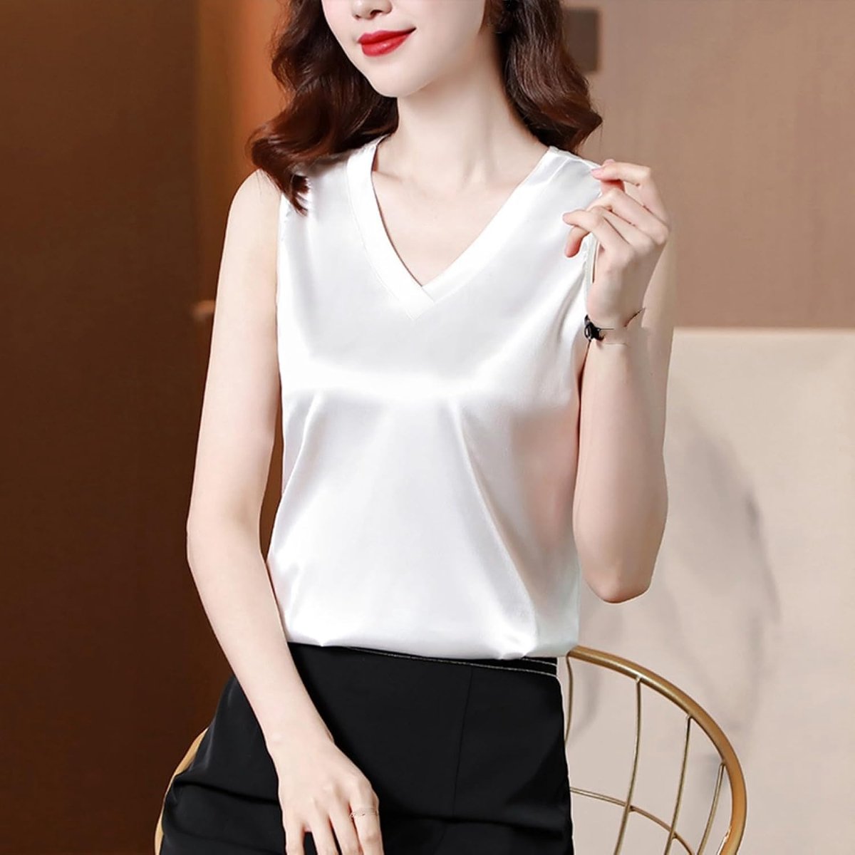 Satijnen Tanktop - Mode Zomer Dames Mouwloos Zijden Tanktop Sexy V-Hals Losvallend Hemdje Blauw Grote Maten Tops Elegant Kantoor Dames Feest Bovenkleding Casual Shirt Tops,White,S