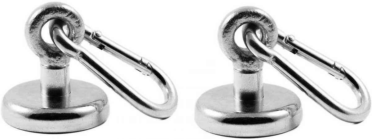 2 stuks neodymium N35 oogmagneten met karabijnhaak 36 mm Ø | houdkracht 41 kilogram | extra sterke neodymium karabijnhaak, potmagneten met oogje of ringschroef verzinkt