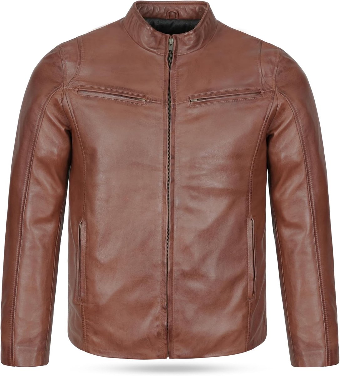 Premium Bikerjack voor heren van lamsleer - Cafe Racer leren motorjas met ritssluiting en meerdere zakken
