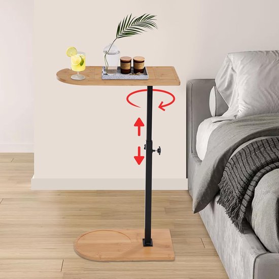 Bijzettafel, in hoogte verstelbaar, kleine bijzettafel, C-vorm, 360 graden draaibaar, tafelblad 40 x 22 cm, van bamboe, 42-82 cm hoog, koffietafel, C-vormig, sofa, bijzettafel, bank, verborgen basis — afbeelding 2