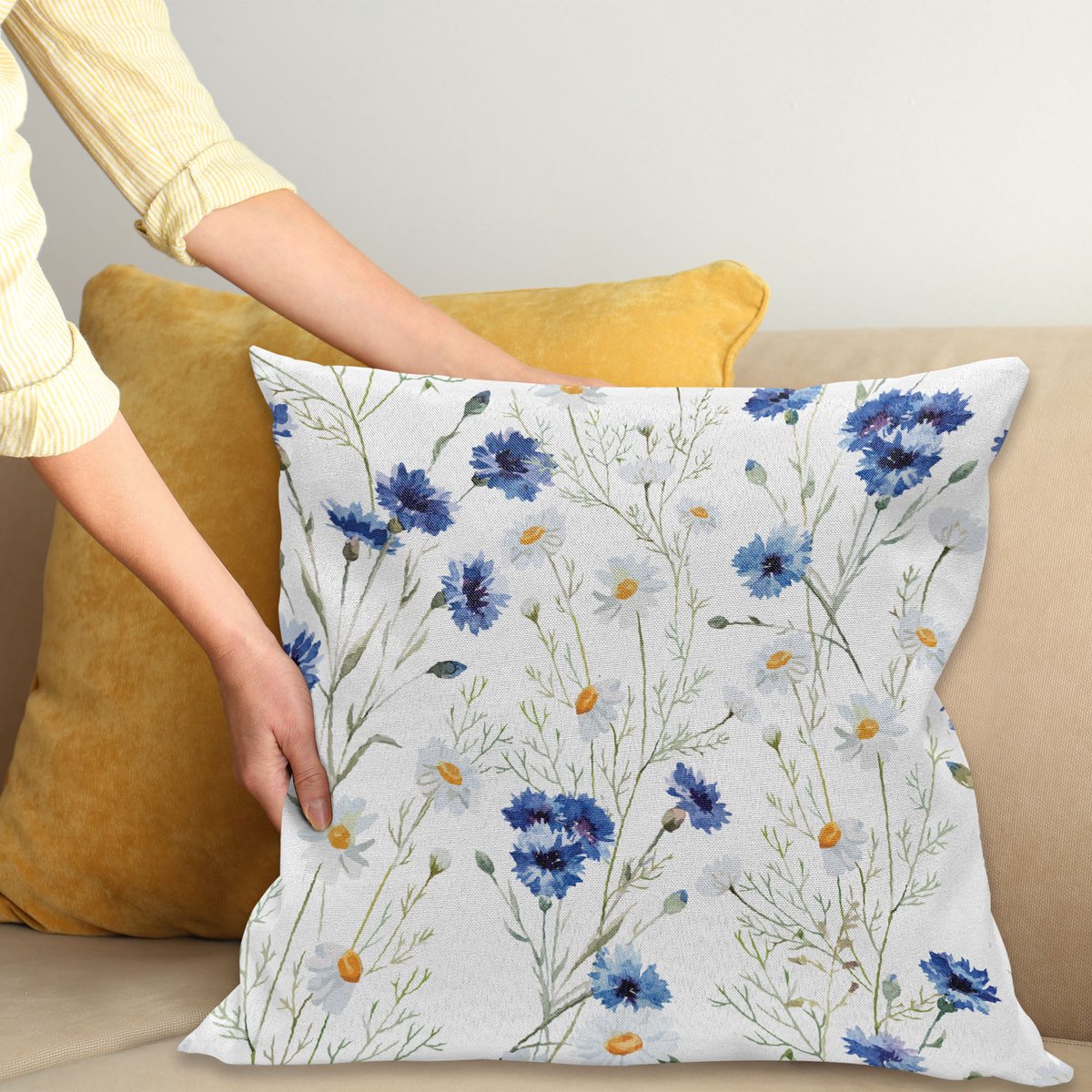 ABAKUHAUS Aquarel Bloem Sierkussenhoes, Wildflowers en Cornflowers Daisies Bloesems Bloem Buds, Decoratieve Vierkante Sierkussenhoes, 70 x 70 cm, Groen Goudsbloem