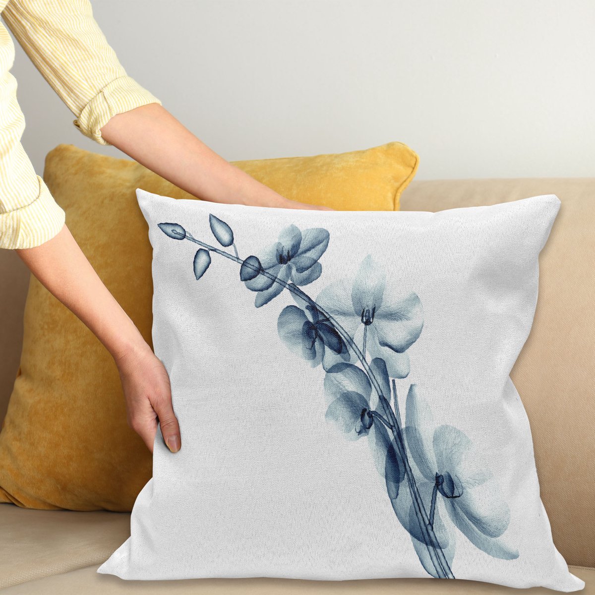 ABAKUHAUS Bloem Sierkussenhoes, Hedendaags X-ray Illustratie van Orchide Bloem Unseen Natuur Afbeelding, Decoratieve Vierkante Sierkussenhoes, 50 x 50 cm, Wit Teal
