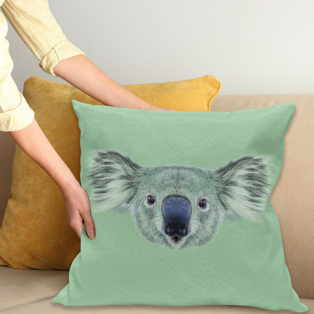 ABAKUHAUS Dier Sierkussenhoes, Tropisch Koala Bear Portrait Jungle Hipster Zoo Wild Grafisch Print, Decoratieve Vierkante Sierkussenhoes, 45 x 45 cm, Groen Mint