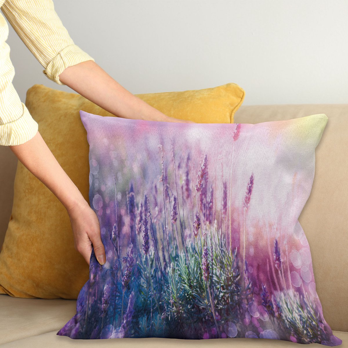 ABAKUHAUS Lavendel Sierkussenhoes, Fantasie Dreamlike Herbal Meadow Close Up Uitzicht Magical Natuur Thema, Decoratieve Vierkante Sierkussenhoes, 60 x 60 cm, Roze Lilac
