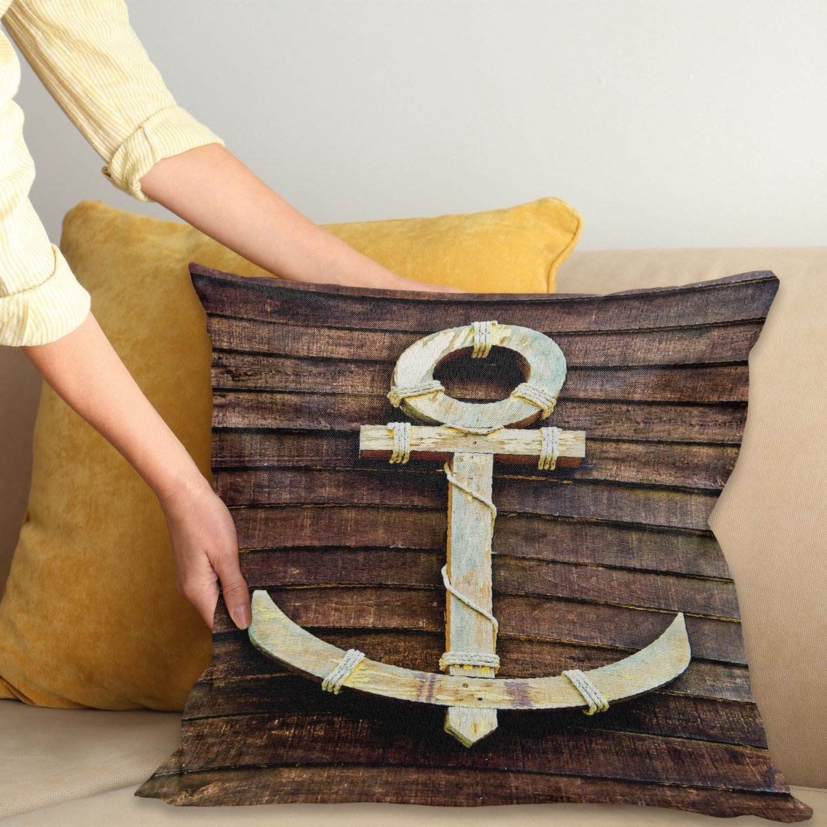 ABAKUHAUS Anker Sierkussenhoes, Oud Houten Nautisch Anker op de Deck Harbor Yacht Craft Navigation Drogue, Decoratieve Vierkante Sierkussenhoes, 45 x 45 cm, Bruin Crème