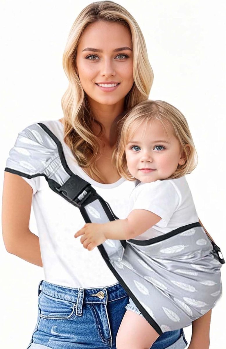 Draagdoek voor baby's en zijdrager, ergonomische heupdrager voor baby's en peuters, met heupzitting, ASTM-gecertificeerd, licht en ademend, 0-36 maanden (grijze veren)
