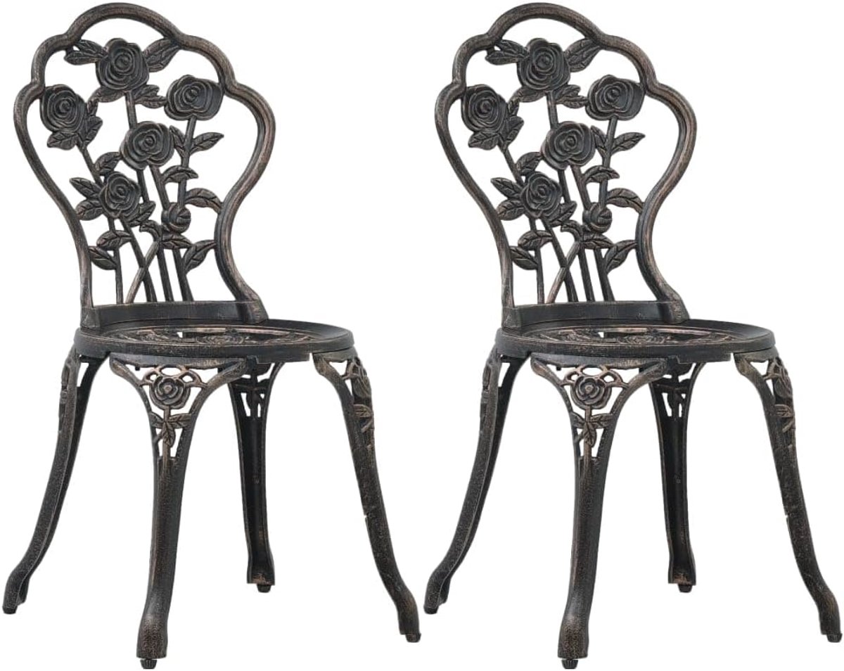 Set van 2 stuks, bruin, aluminiumlegering met gietijzeren poten, bloemenpatroon, voor tuin, terras of balkon, maximale belasting 110 kg per zitting