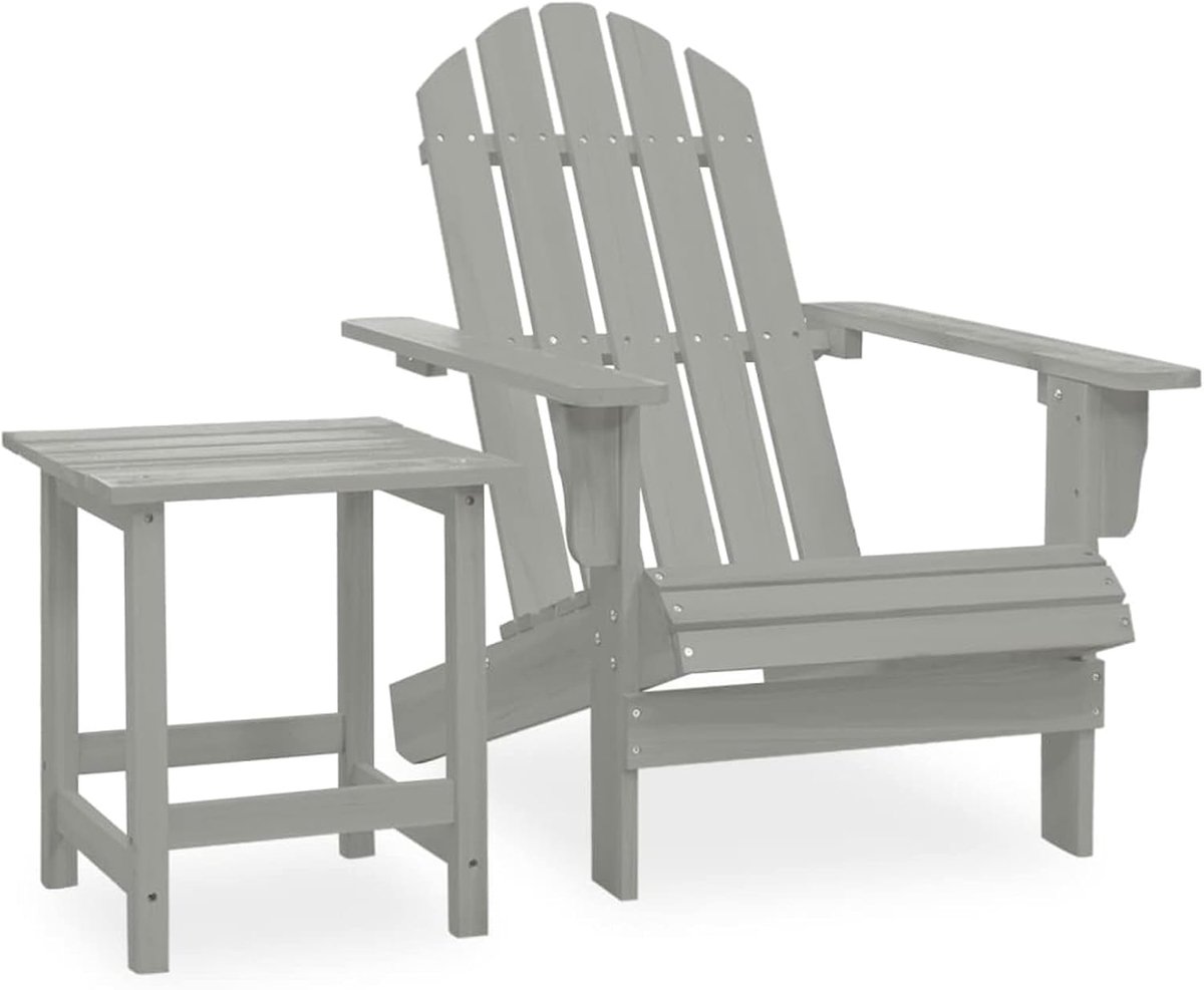 Stoel Adirondack, relaxstoel met tafel, voor de tuin, van sparrenhout, grijs, tuinstoel, relaxstoel voor tuin, terras, patio