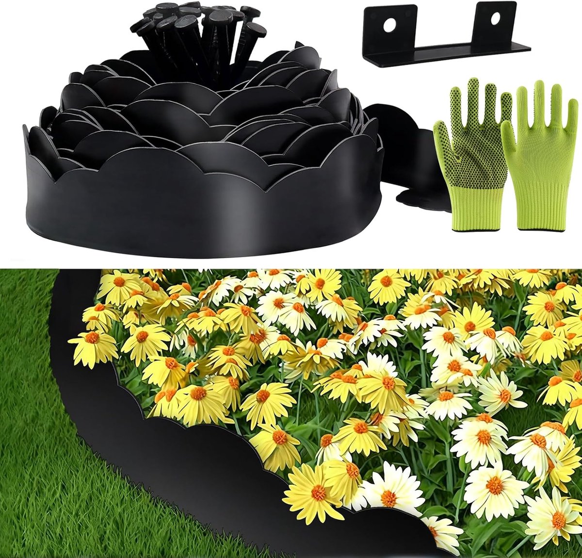Gazonrand voor buiten, flexibele tuinrand van kunststof, 7 x 10 m, bevat 30 ankerpunten en 1 connectoren inbegrepen, met een paar handschoenen, decoratieve randen (zwart gegolfd, 7 cm x 10 m)