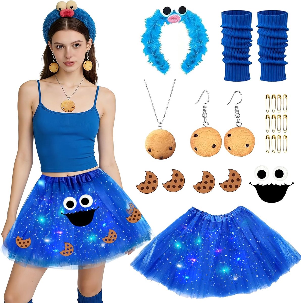 Koekiemonsterkostuum voor dames en kinderen, met blauwe tule rok, haarband, halsketting, oorbellen, beenwarmers, accessoires voor Halloween, carnaval