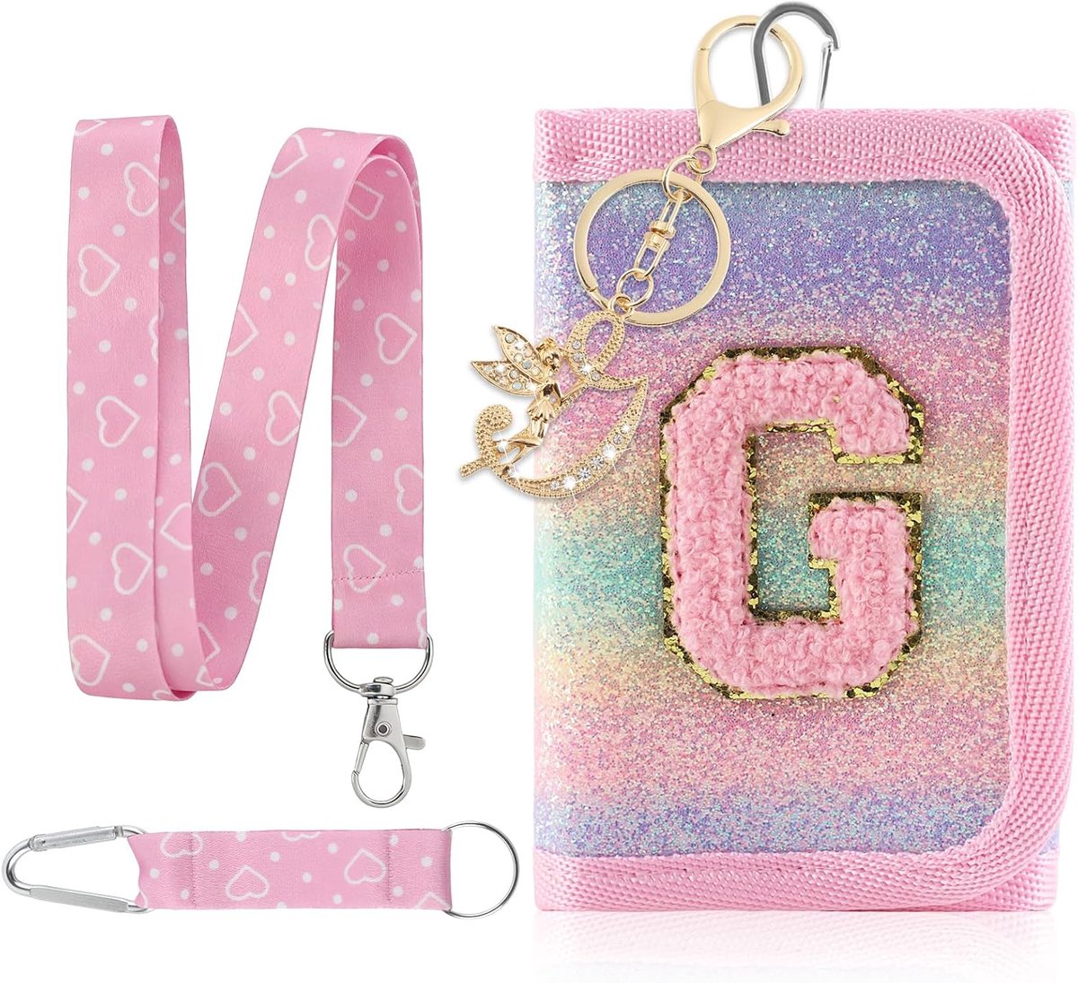 Kinderborsttas, kinderportemonnee voor meisjes, roze letters A-Z, drievoudige gevouwen portemonnee met sleutelhanger, portemonnee om om te hangen, schoolzak, vulling, cadeau voor meisjes, G, 12