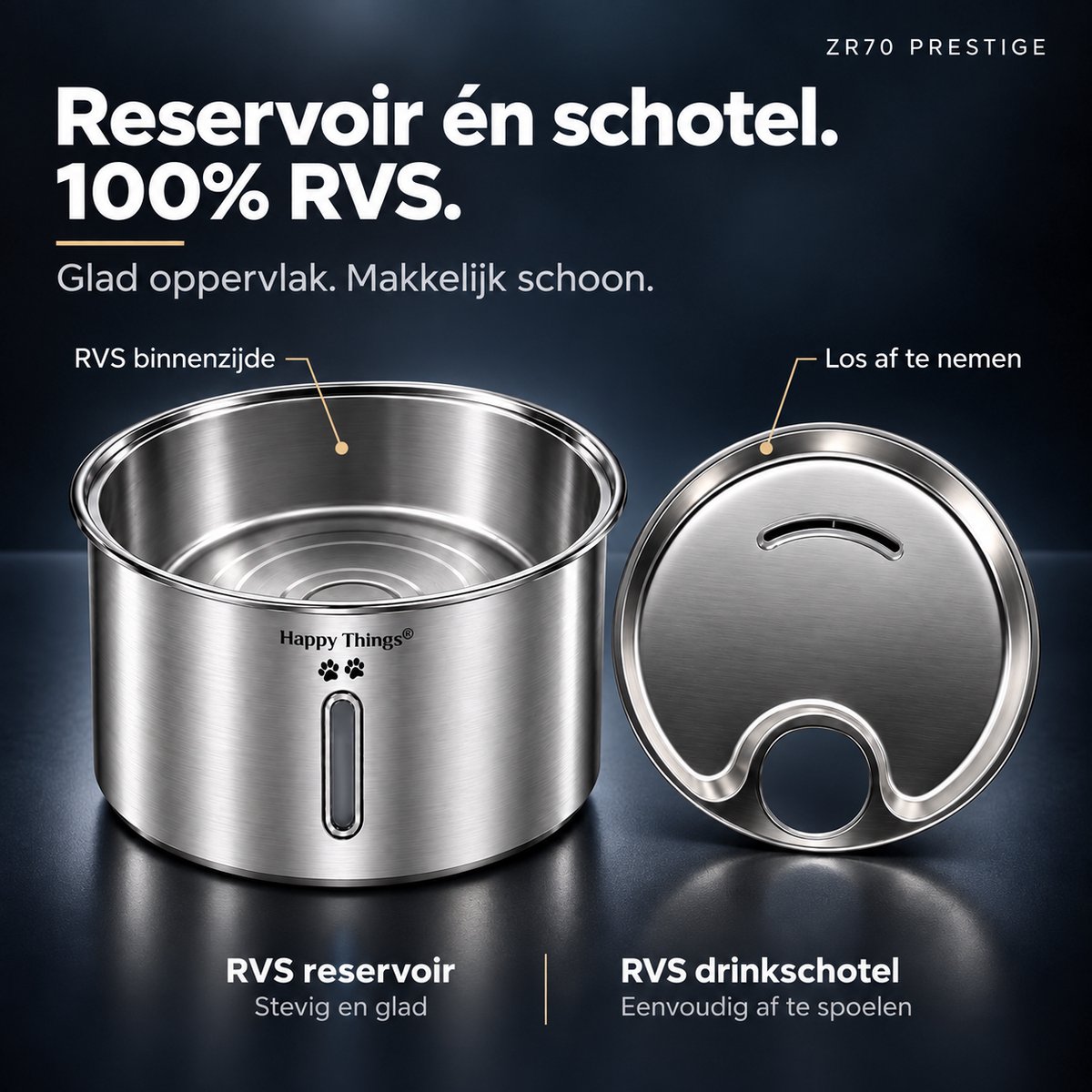 Happy Things® ZR70 Prestige Draadloze Drinkfontein Kat en Hond – 3,2L – 100% RVS – Sensor – 45d batterijduur - Fluisterstil 20 dB – 4 Filters – Kattenfontein thumbnail 5