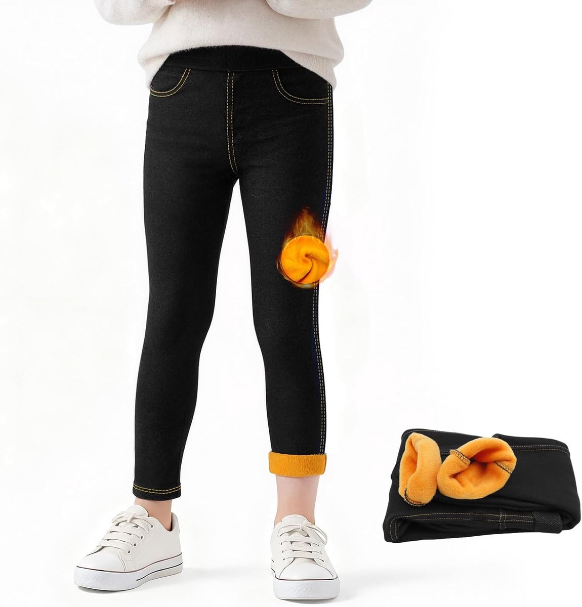 Leggings voor Meisjes Jeanslook Gefoerde Thermo Leggings met Fleece Lange Winterlegging voor Kinderen Elastische Thermobroek Jeggings met Zakken voor Meisjes 4-13 jaar