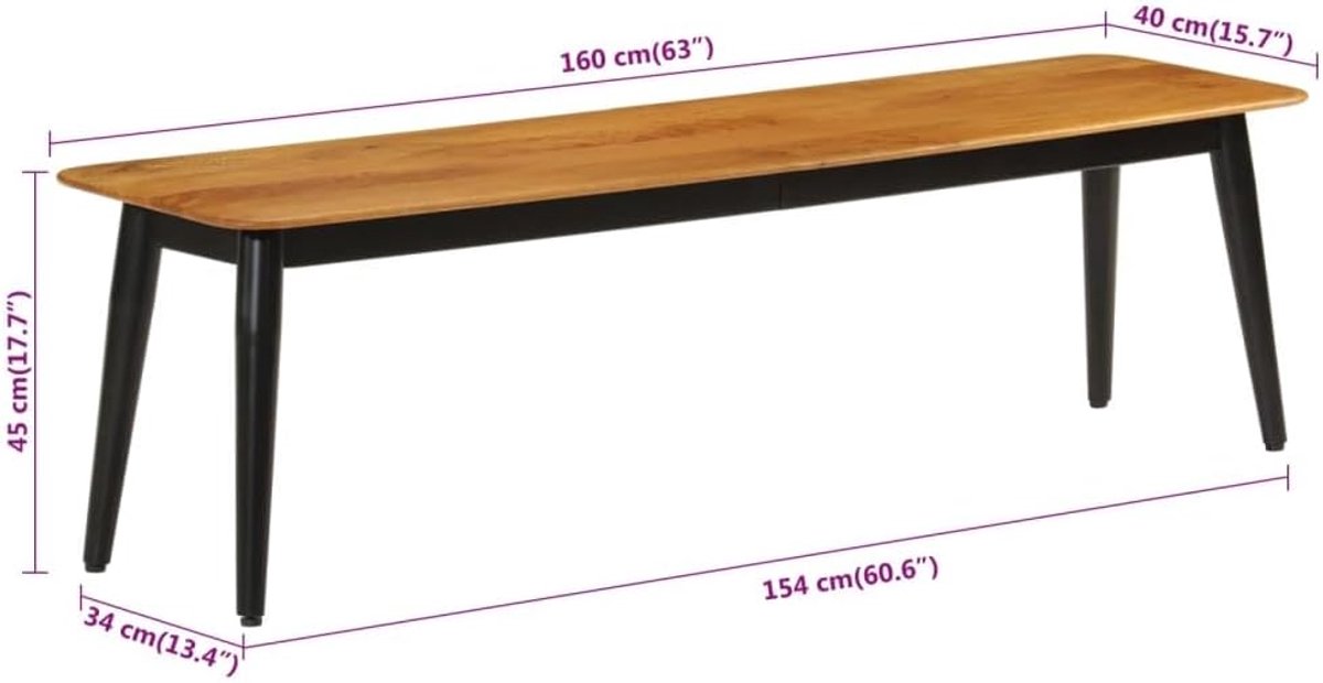 Massief hout, mango, 160 x 40 x 45 cm, ijzer