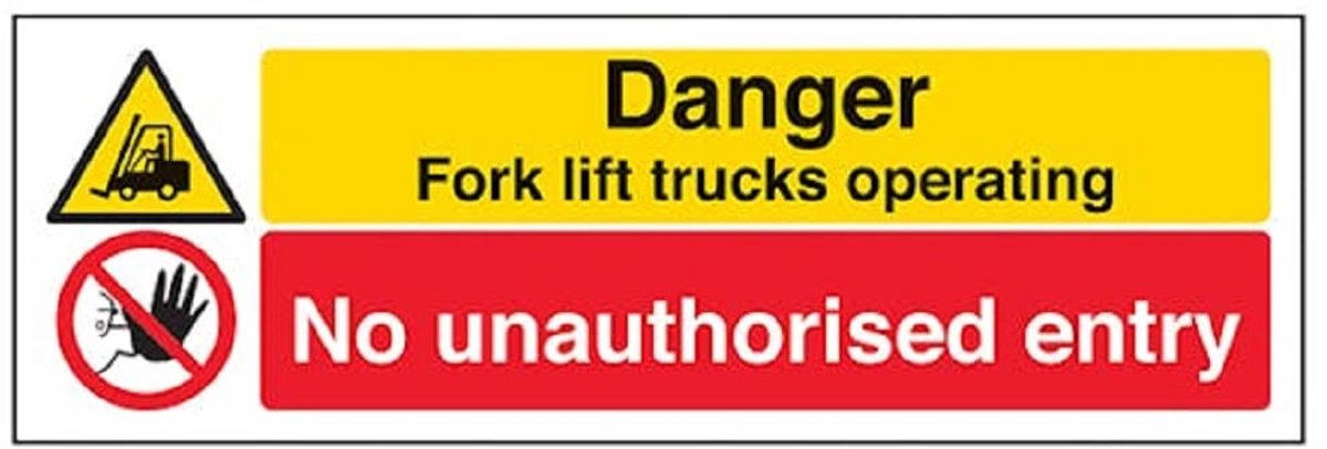 "Fork Lift Trucks Operating/No Unauthorised Entry" waarschuwingsbord voor voertuigen, stijf plastic, landschap, 600 mm x 200 mm, zwart/rood/geel