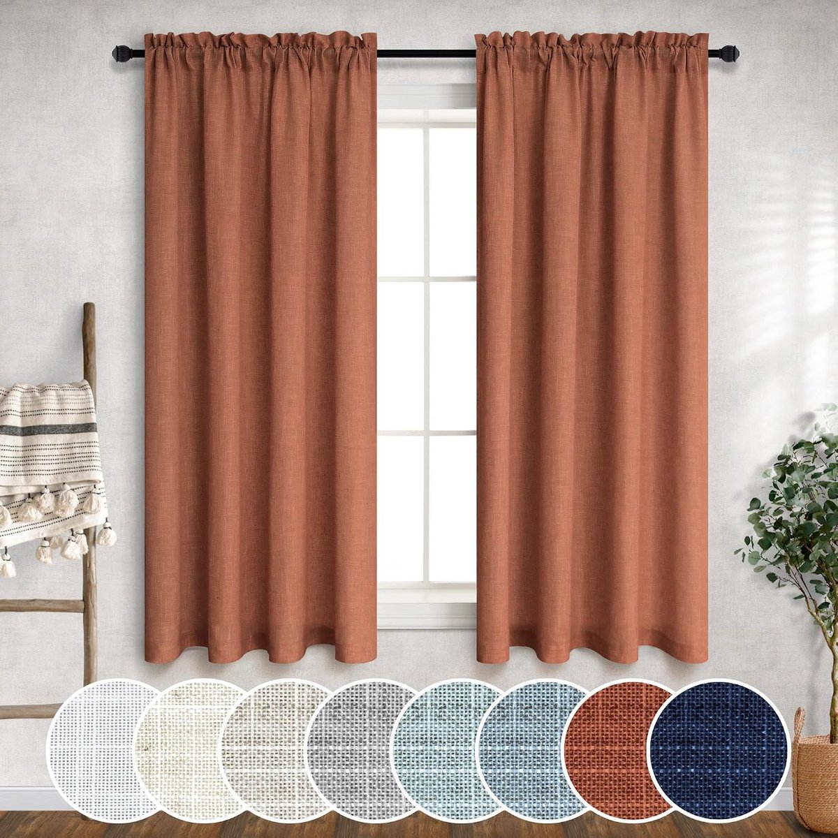 Gordijnen van 114 cm, 2 stuks, met roedezak, semi-transparant, linnen, lichtfilterend, lichtgewicht, voor keuken, badkamer en eetkamer, boho, landelijke stijl, oranjerood, roest, roodbruin