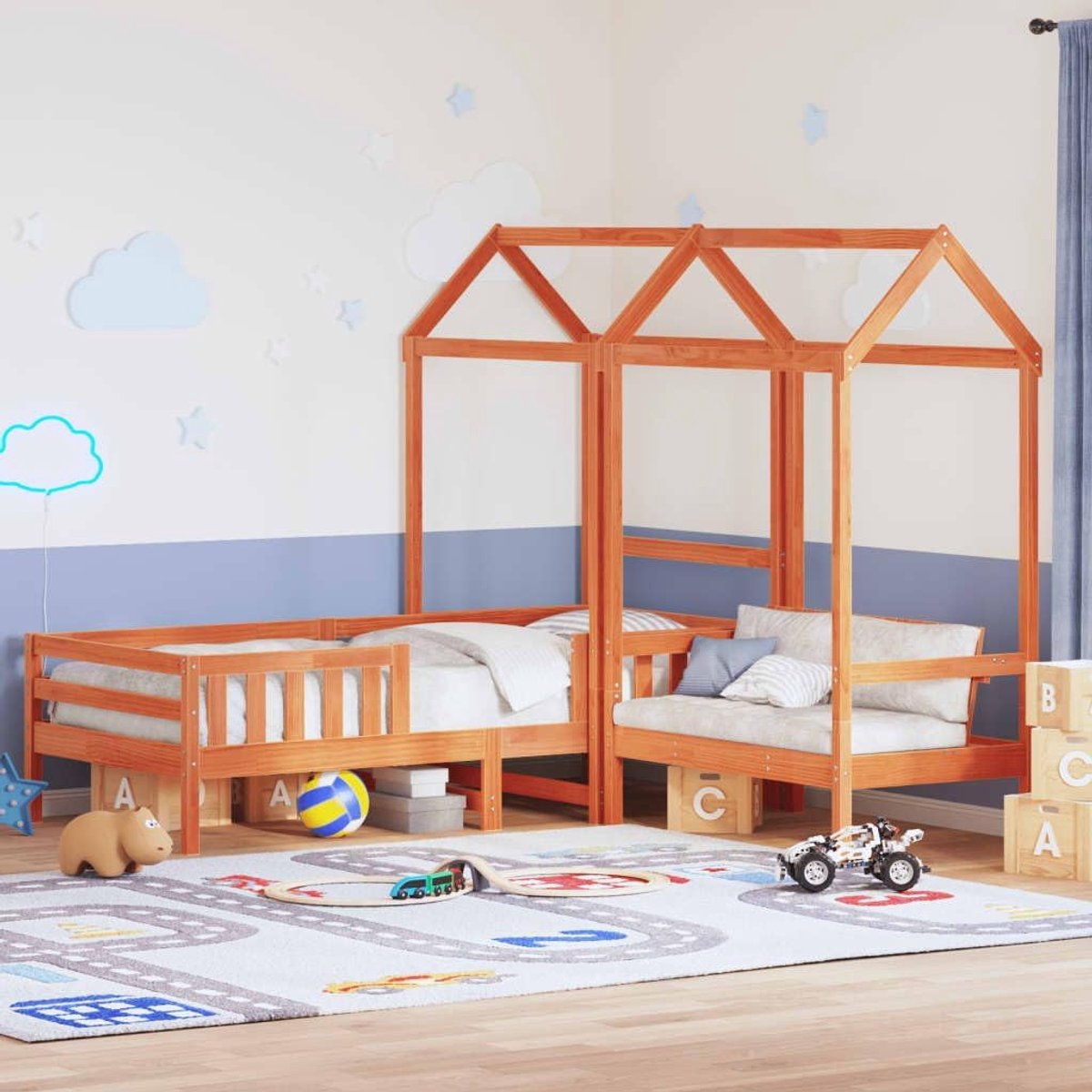 Grenenhout Kinderbed met bankje Huisstijl 80x200 cm Wasbruin