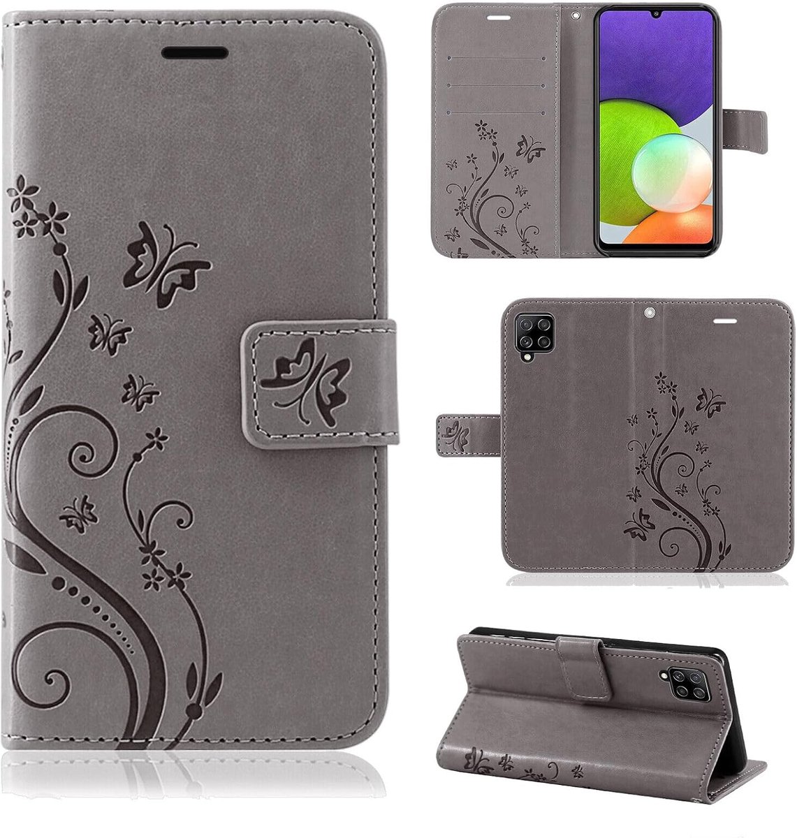 Betterfon Telefoonhoes voor Samsung Galaxy A22 4G, hoes Samsung A22 4G flip case klaphoes beschermhoes met [kaartenvak] [kwaliteit TPU] compatibel met Galaxy A22 4G grijs