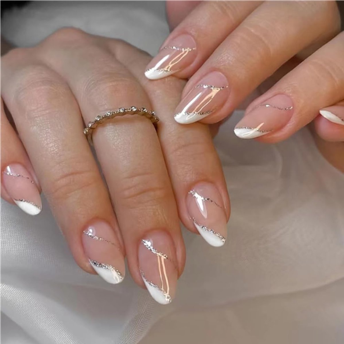 24 kunstnagels, amandel, Franse nagels, volledige dekking, korte kunstnagels, glanzende acrylnagels voor nageldecoratie (C, 24 stuks)